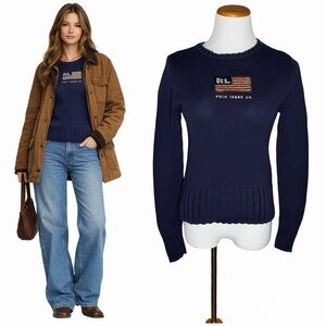 Vintage Polo Ralph Lauren American Flag Sweater Size Small Navy 100% Cotton